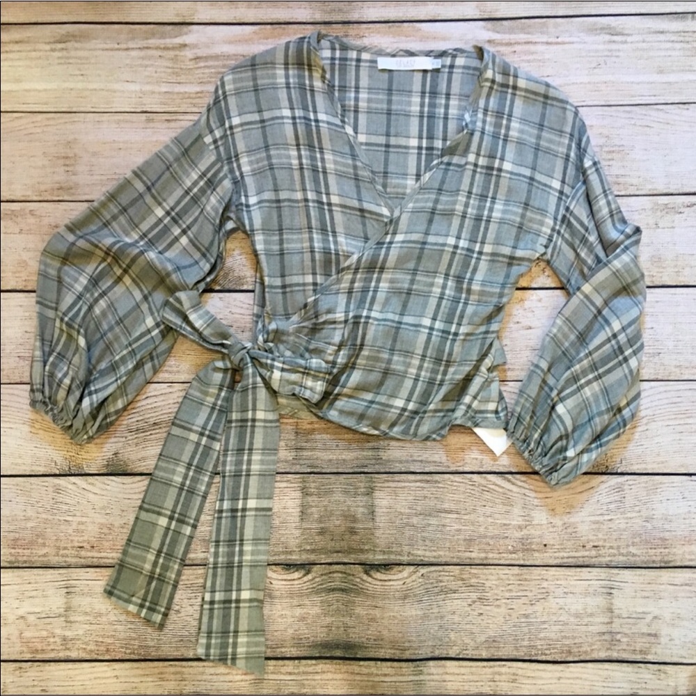 FREE PEOPLE Cross Over Plaid Blouse with Tie